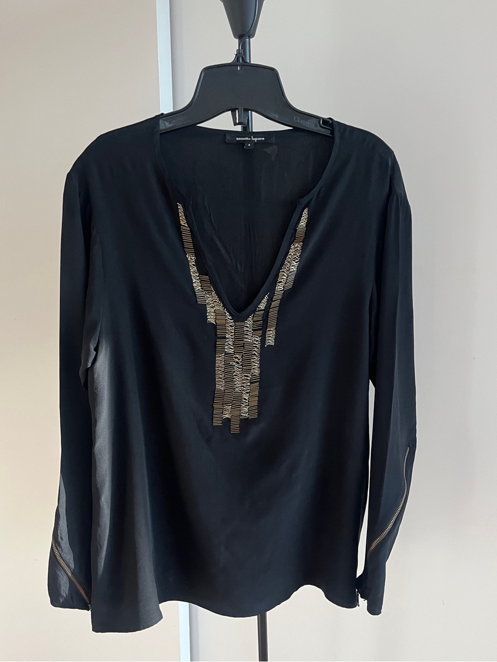 Nanette Lepore Designer Silk Black 100% Silk Tunic blouse Bronze Sequins $345